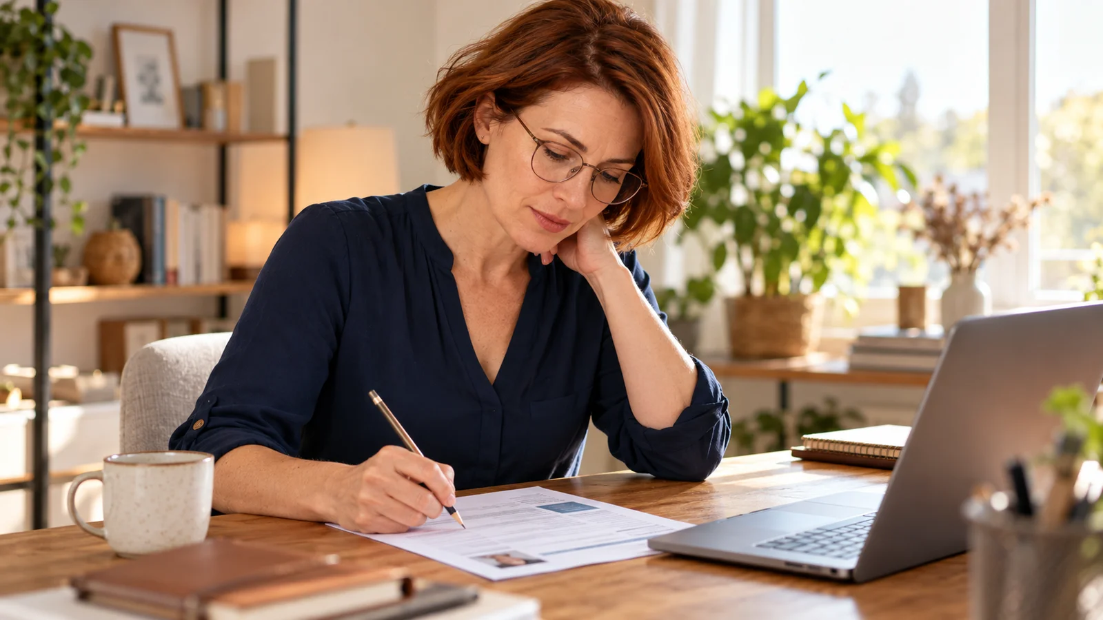 Une professionnelle aux cheveux courts relit et annote son CV à son bureau