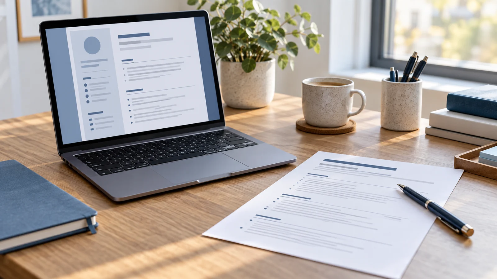 Un CV structuré affiché sur un ordinateur et imprimé sur un bureau lumineux