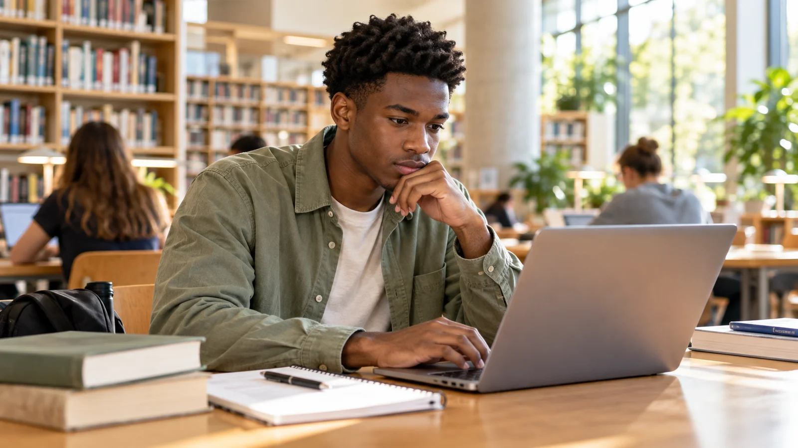 Un étudiant prépare son CV sur un ordinateur dans une bibliothèque universitaire
